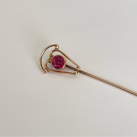 Vintage Victorian 14k Yellow Gold Stick Pin Pink Rhinestone - Picture 4 of 12